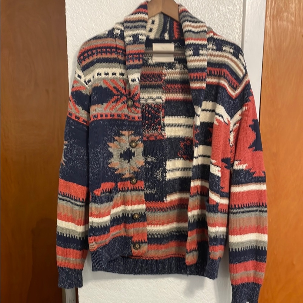Lucky Brand Aztec Pattern Shawl Collar Sweater in Red, White, and Blue
